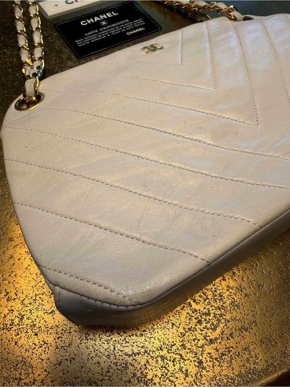 Authentic 1990s CHANEL White Chevron Quilted Leather Baguette Bag